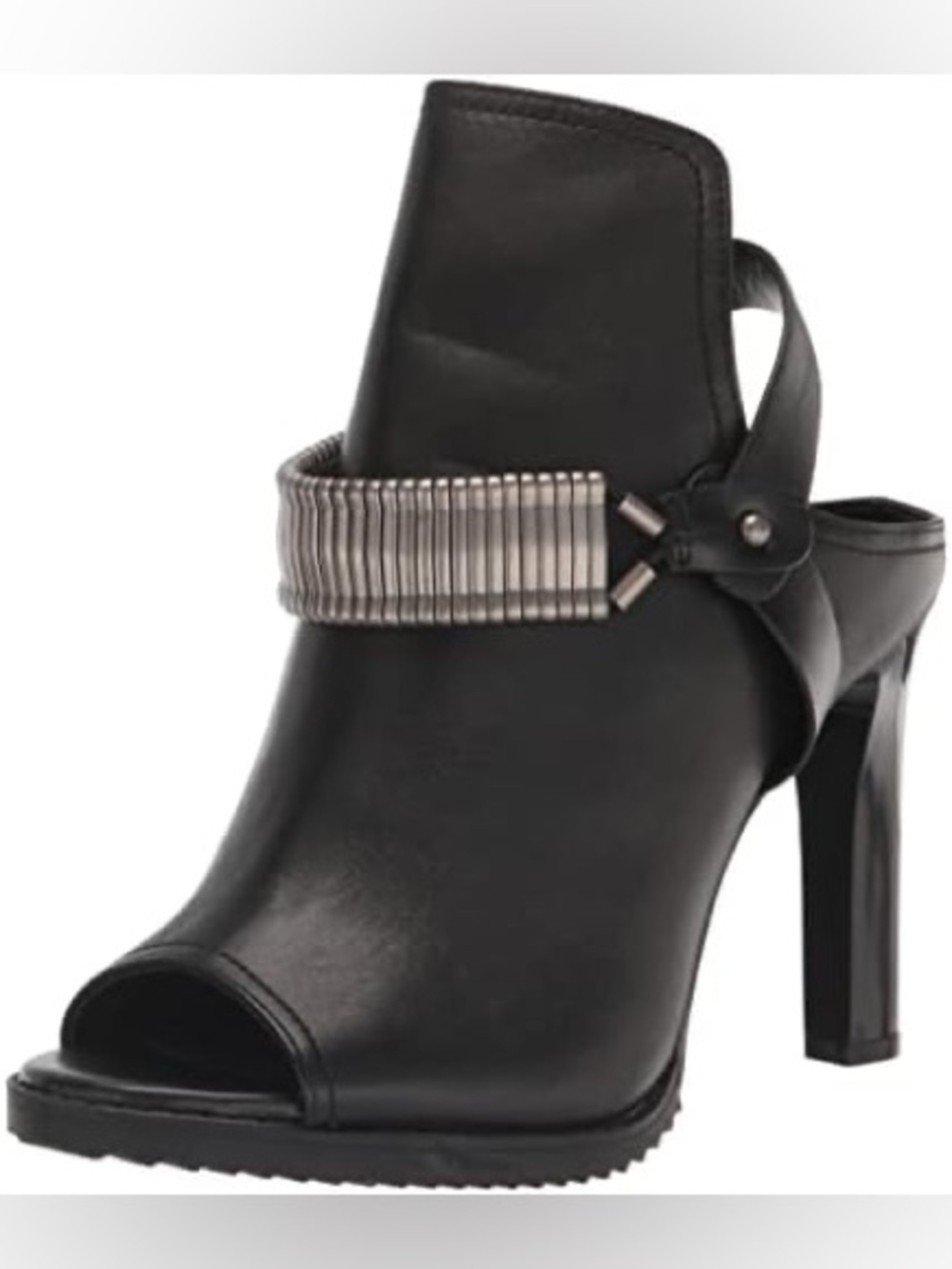 DKNY Womens Bina Black Leather Open Toe Mule Heel Booties Metal Strap Size 8M